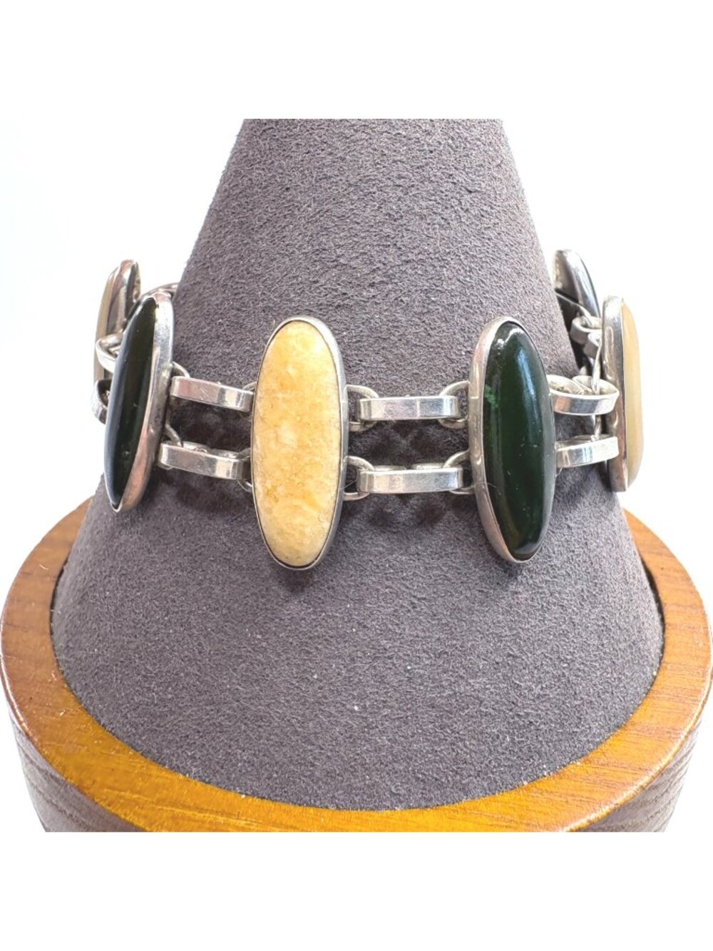 Sterling Silver 925 Green & Yellow Gemstone Bezel Set Chain Bracelet Size 7.5"